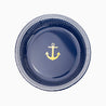 Plato de cartón marinero en color azul con borde en rayas blancas y estampado ancla amarilla en medio de plato