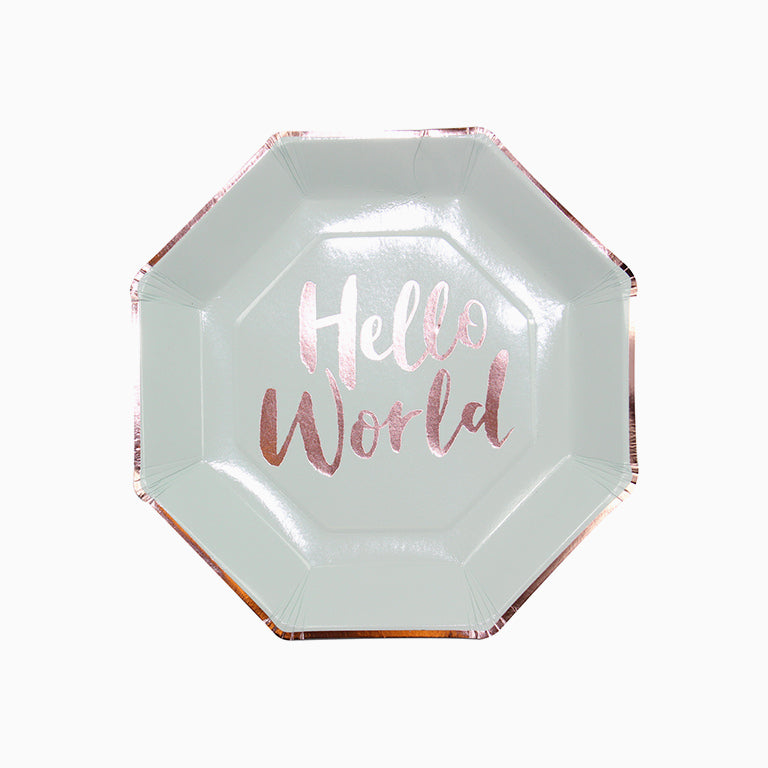 Plato hexagonal en color azul calor y bordes en plateado con mensaje Hello World en plateado, ideal para baby showers y bautizos