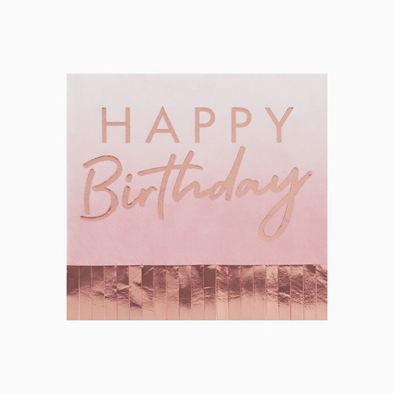 Servilleta  de papel en color rosa con borde en oro rosa y mensaje Happy Birthday